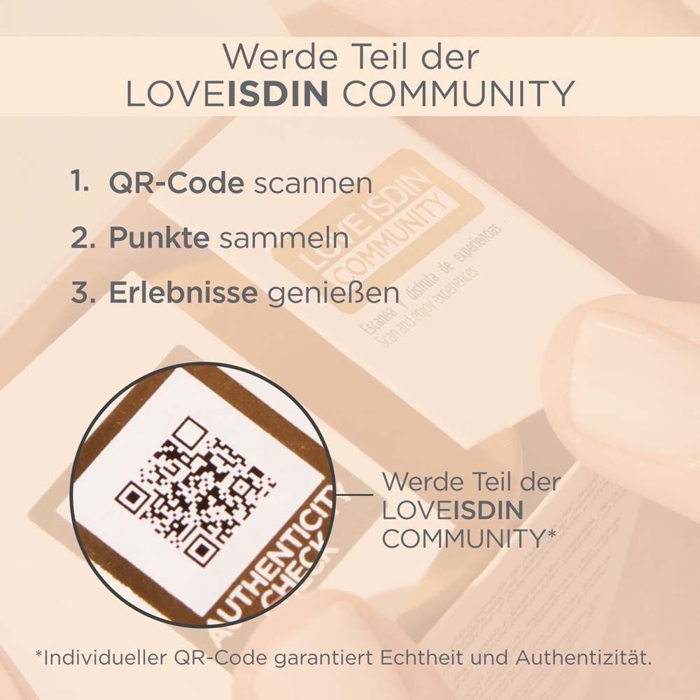 QR-Code und Text zur ISDIN LOVEISDIN COMMUNITY mit Authentizitätsprüfung.