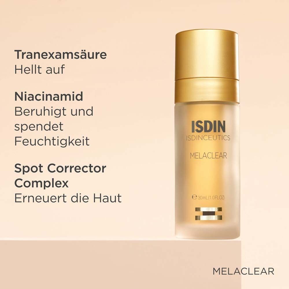 Flasche ISDIN ISDINCEUTICS Melaclear Serum mit Liste der Inhaltsstoffe und Wirkung.