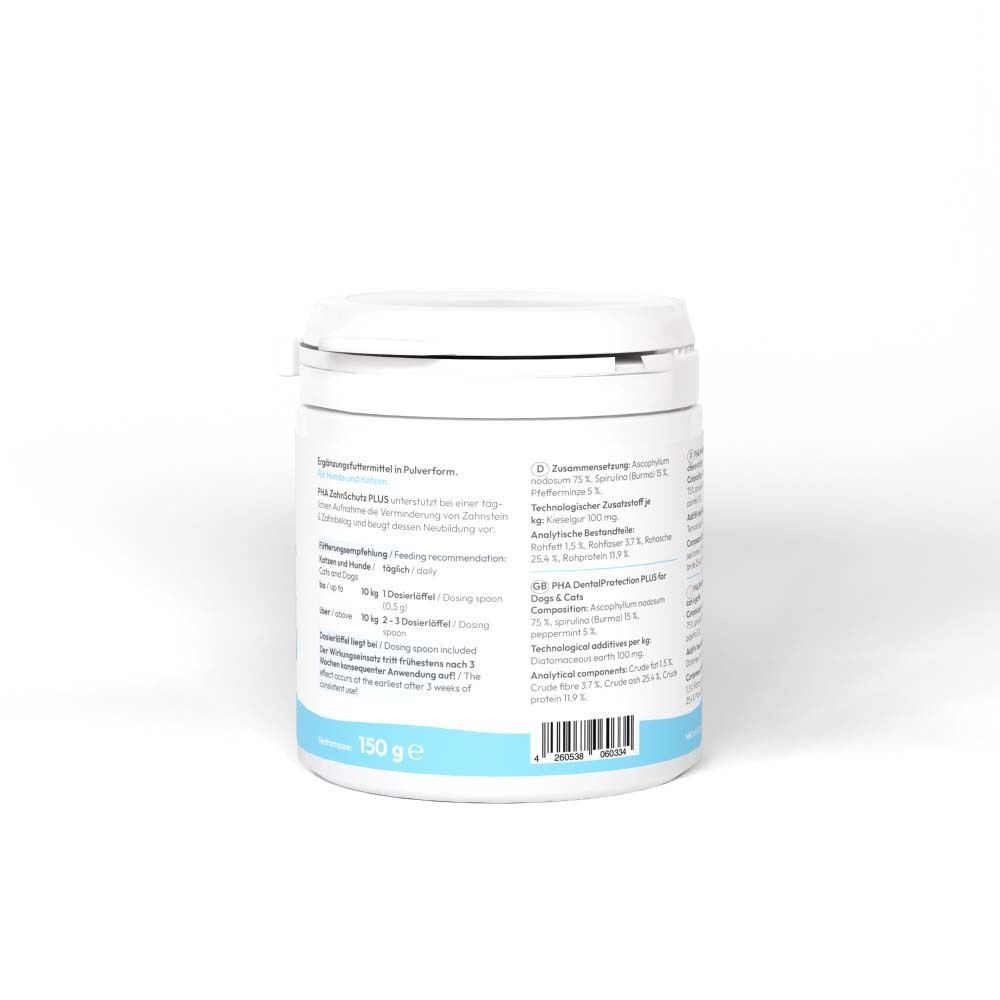 Rückseite eines Behälters PHA ZahnSchutz PLUS, 150g. Enthält Inhaltsstoffe und Anwendungshinweise.