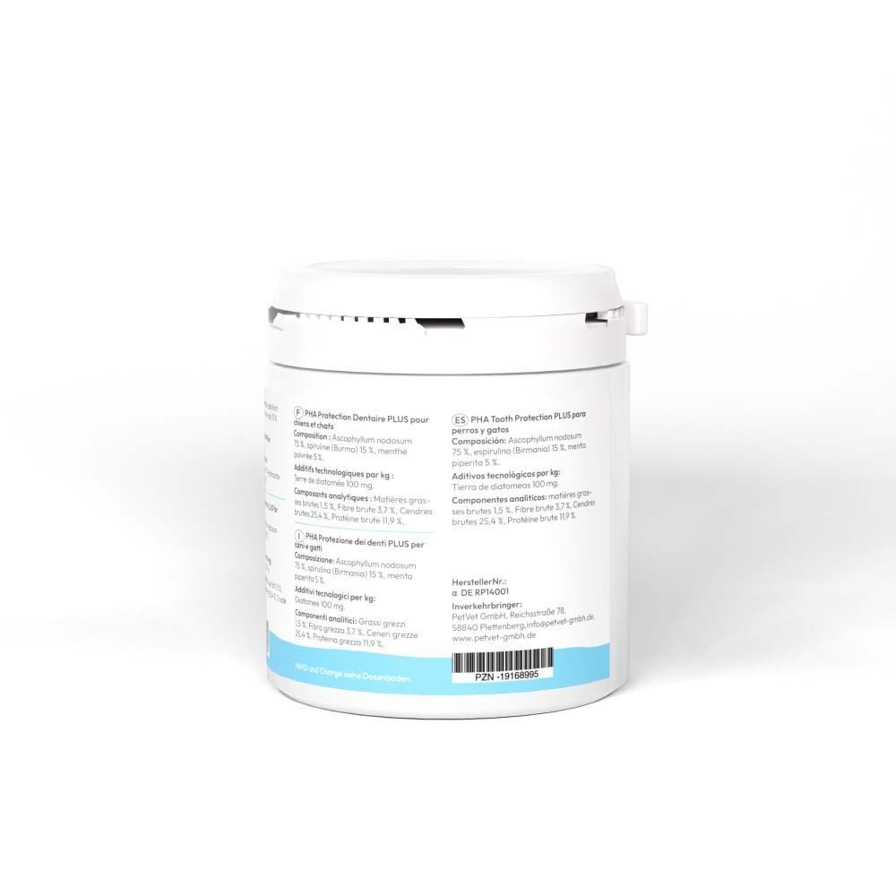 Seitenansicht eines Behälters PHA ZahnSchutz PLUS, 150g. Mit Etikett und Barcode.