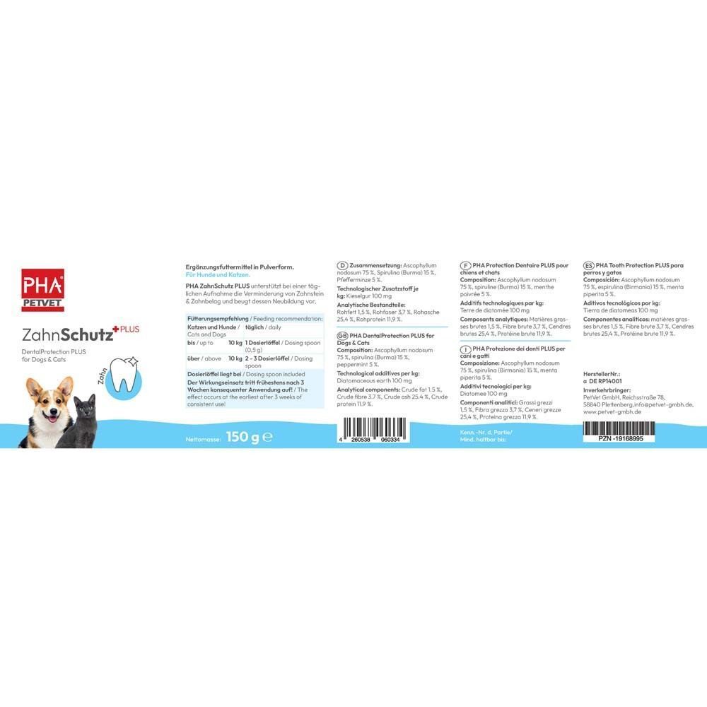 Etikett des Produkts PHA ZahnSchutz PLUS für Hunde & Katzen, 150g. Zeigt Hunde-, Katzen- und Zahnsymbol.