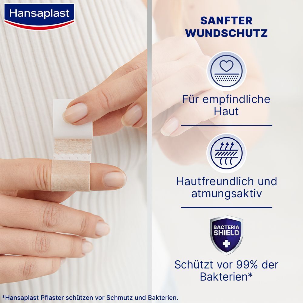 Anwendung von Hansaplast Soft Pflaster auf Finger. Sanfter Wundschutz, hautfreundlich, atmungsaktiv, schützt vor 99% der Bakterien.