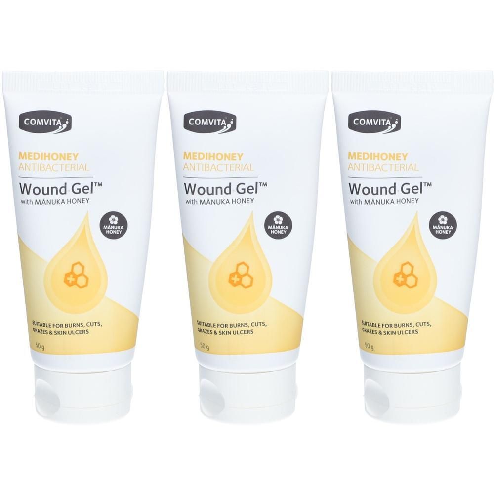 Drei Tuben Comvita Medihoney antibakterielles Wundgel mit Manuka Honig.