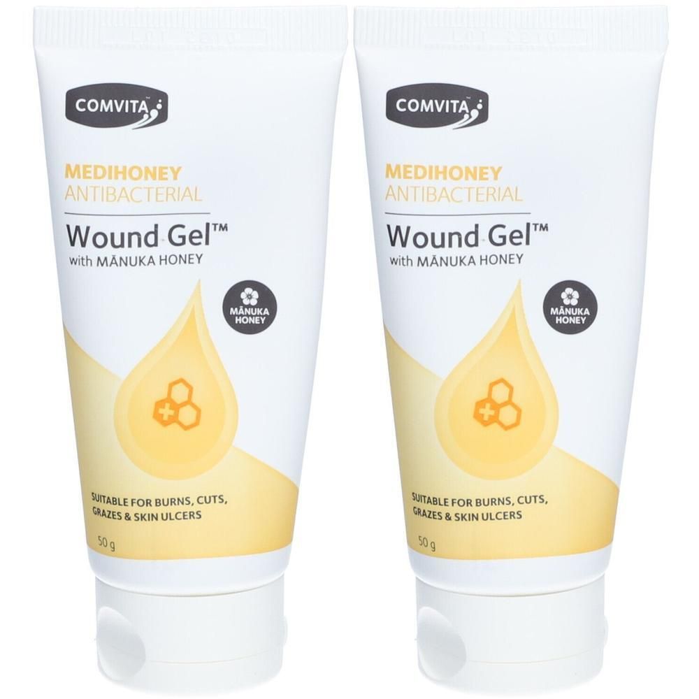 Zwei Comvita Medihoney antibakterielle Wundgel-Tuben mit Manuka-Honig. 50g Tuben.