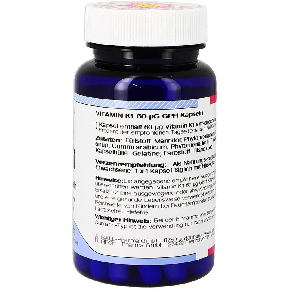 Rückseite einer Flasche GALL PHARMA Vitamin K1 Kapseln, 60 µg GPH, mit detaillierten Informationen und Zutaten.