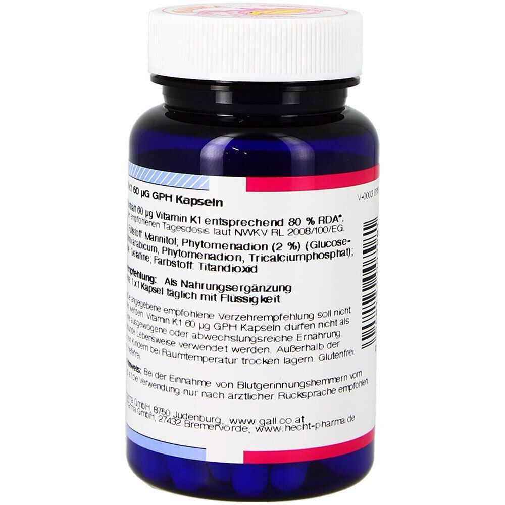 Rückseite einer Flasche GALL PHARMA Vitamin K1 Kapseln, 60 µg GPH, mit Nährwertangaben und Anwendungshinweisen.