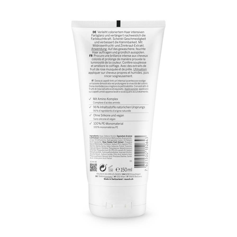 Rückseite einer Tube RAUSCH Farbschutz-Conditioner mit Wildrose, mit Text und Produktinformationen.