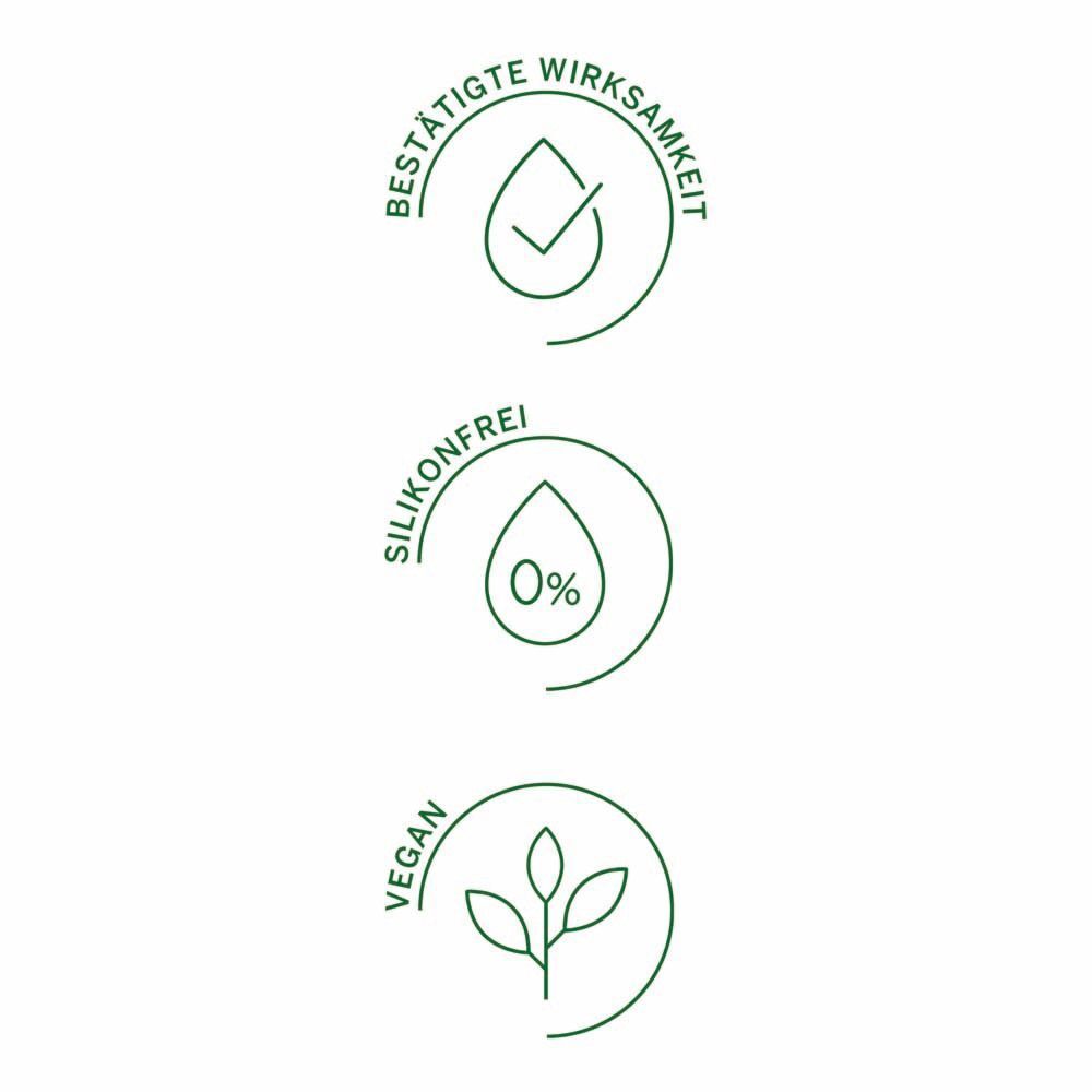 Drei grüne Siegel: Bestätigte Wirksamkeit, Silikonfrei, Vegan.