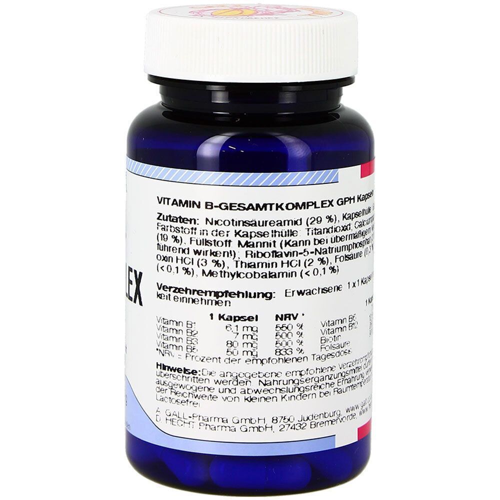 Eine Flasche GALL PHARMA Vitamin B-Gesamtkomplex GPH Kapseln, Rückseite mit Zutatenliste und Verzehrempfehlung.