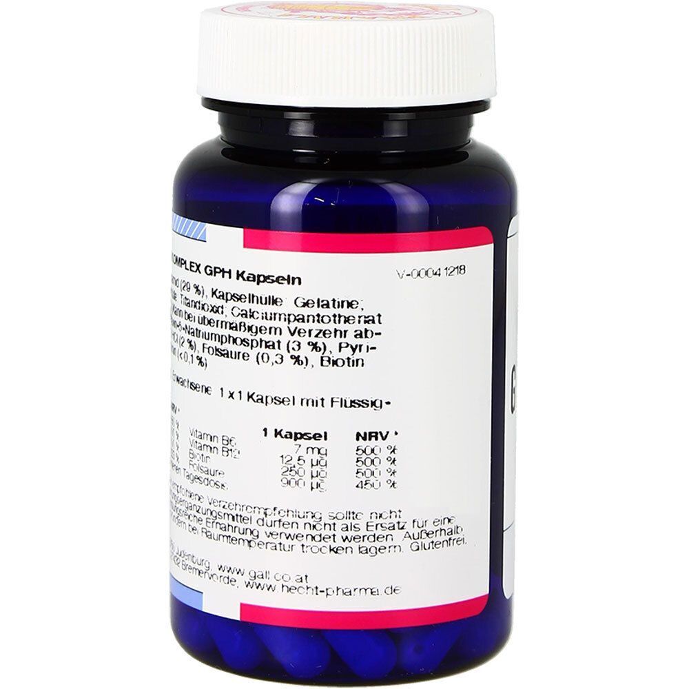 Eine Flasche GALL PHARMA Vitamin B-Gesamtkomplex GPH Kapseln, Rückseite mit detaillierter Nährwertangabe.