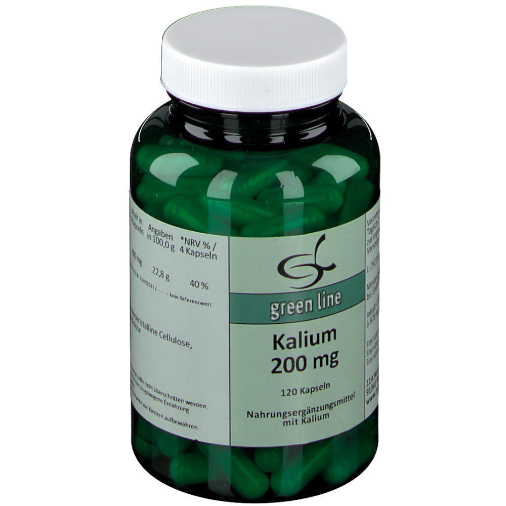 Eine grüne Flasche mit Kalium 200 mg Kapseln. Vorderseite mit Etikett und Produktinformationen.