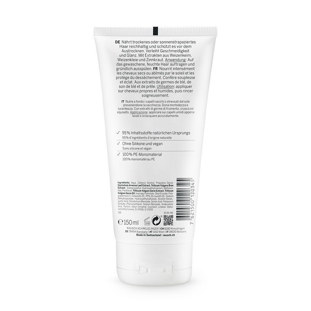 Rückseite einer Tube RAUSCH Nähr-Conditioner mit Weizenkeim, 150ml, Swiss Herbal Cosmetics.