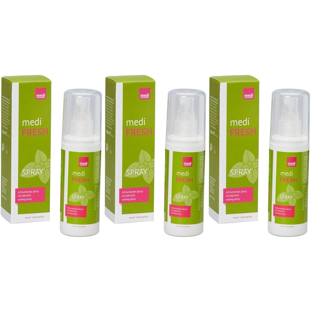 Drei medi FRESH Sprühflaschen mit Kartonverpackung, grüne und pinke Etiketten mit Minzblättern.