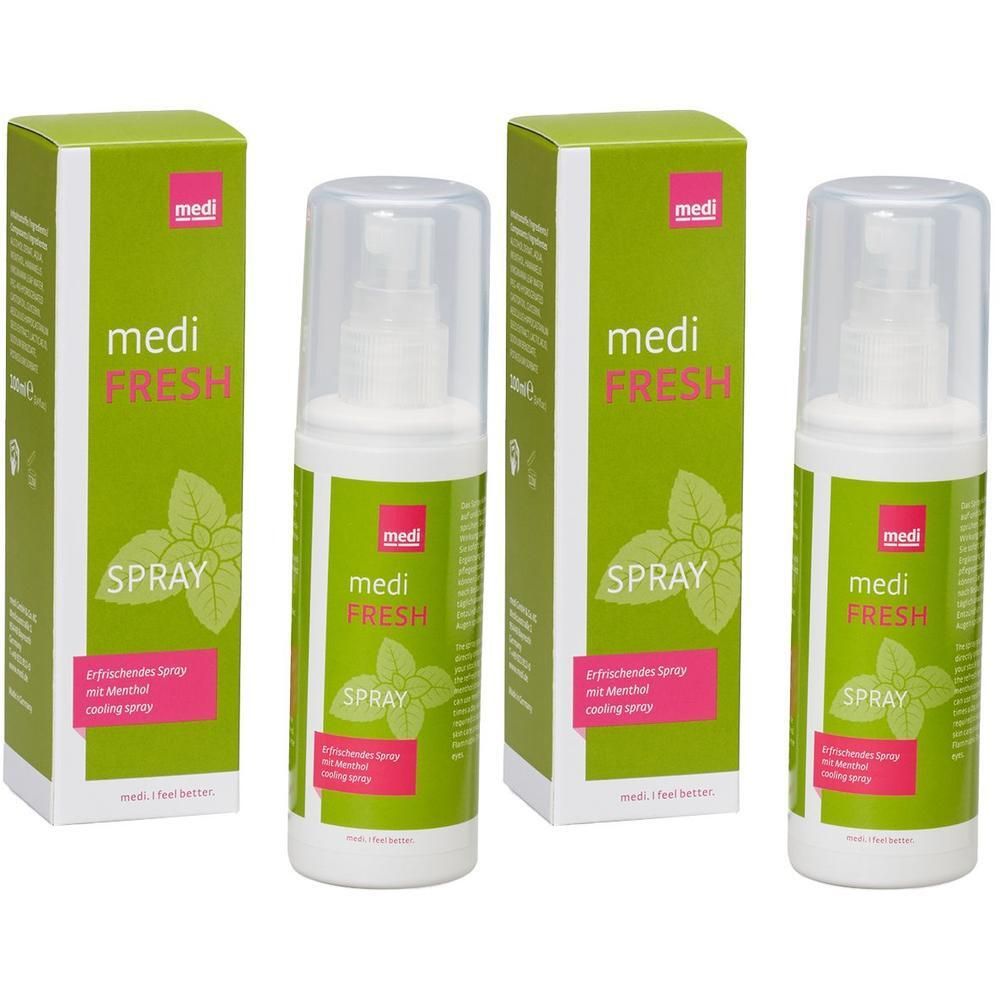 Zwei medi FRESH Sprays in grünen Kartons mit Minzblatt-Design. Sprühflaschen mit transparentem Verschluss.