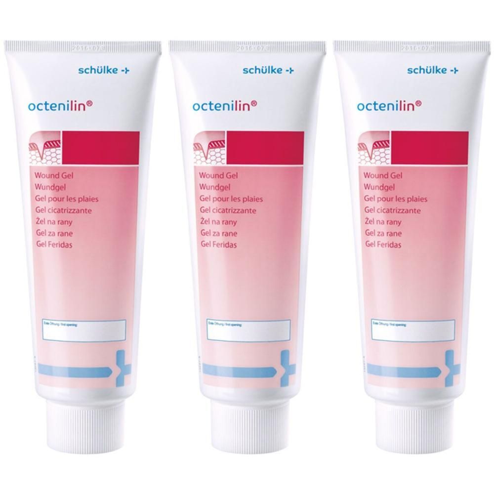 Drei Tuben Octenilin® Wundgel mit rosa und weißem Etikett. Schülke Logo oben.