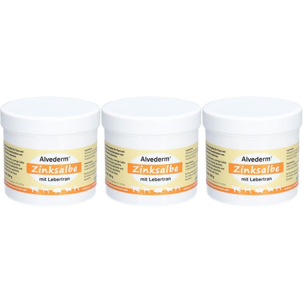 Drei weiße Tiegel mit Alvederm Zinksalbe mit Lebertran. Etiketten sind gelb und orange.
