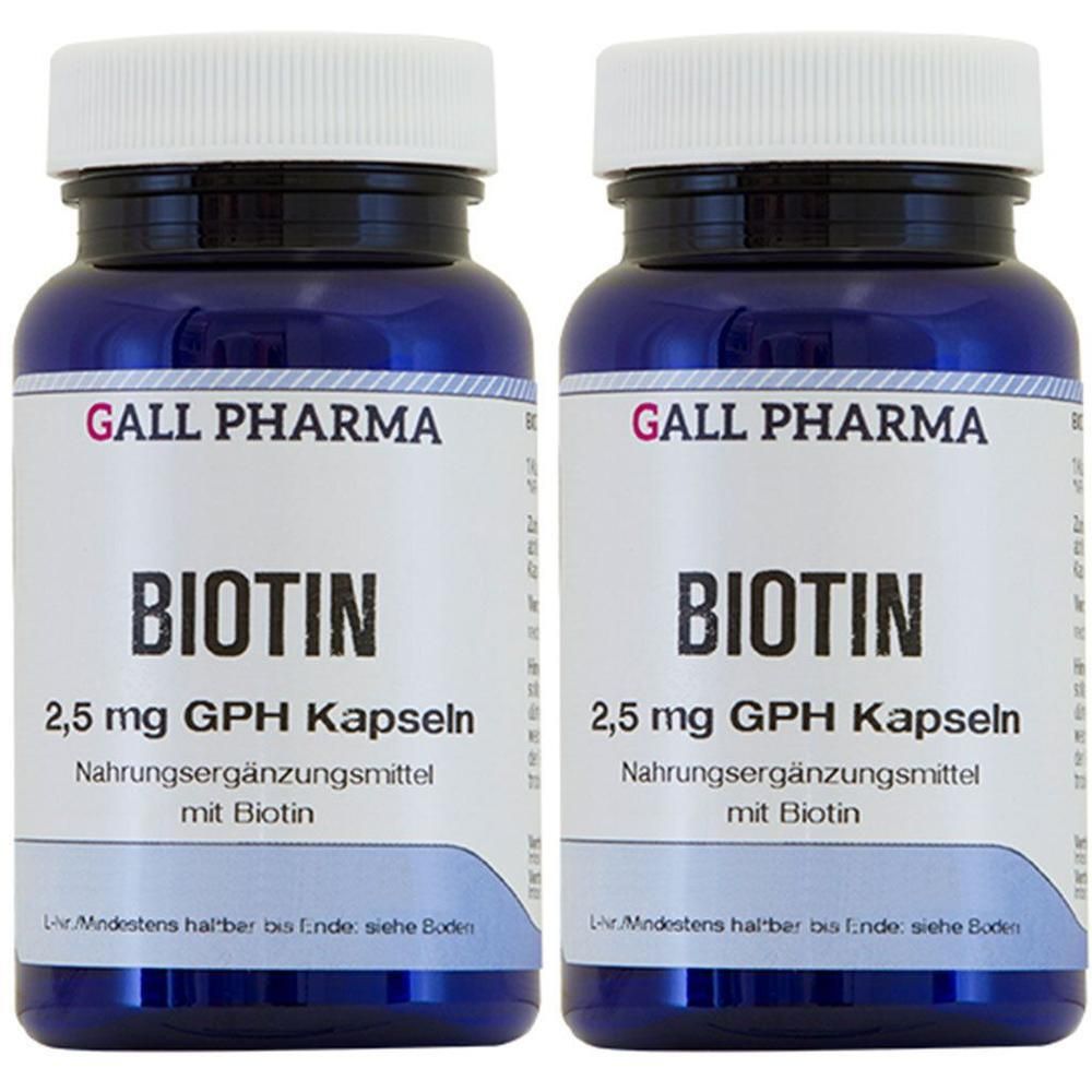 Zwei Flaschen GALL PHARMA Biotin 2,5 mg GPH Kapseln. Nahrungsergänzungsmittel mit Biotin.
