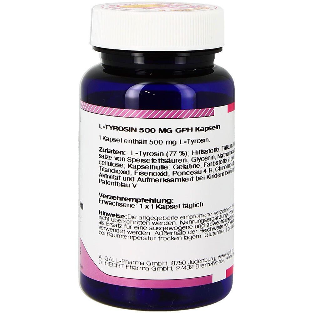 Eine Flasche GALL PHARMA L-Tyrosin 500 mg GPH Kapseln mit Rückseitenetikett.
