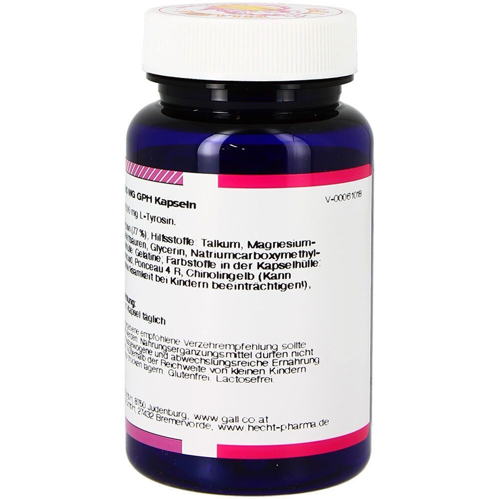 Eine Flasche GALL PHARMA L-Tyrosin 500 mg GPH Kapseln mit Rückseitenetikett.