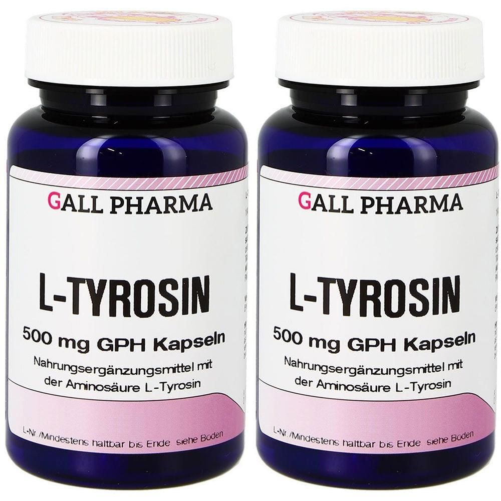 Zwei Flaschen GALL PHARMA L-Tyrosin 500 mg GPH Kapseln. Dunkelblaue Behälter mit weißen Kappen und Etiketten.