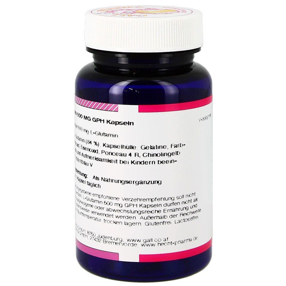 Eine Flasche GALL PHARMA L-Glutamin 500 mg GPH Kapseln, Rückseite mit detaillierten Informationen zu Inhaltsstoffen und Verzehrempfehlung.