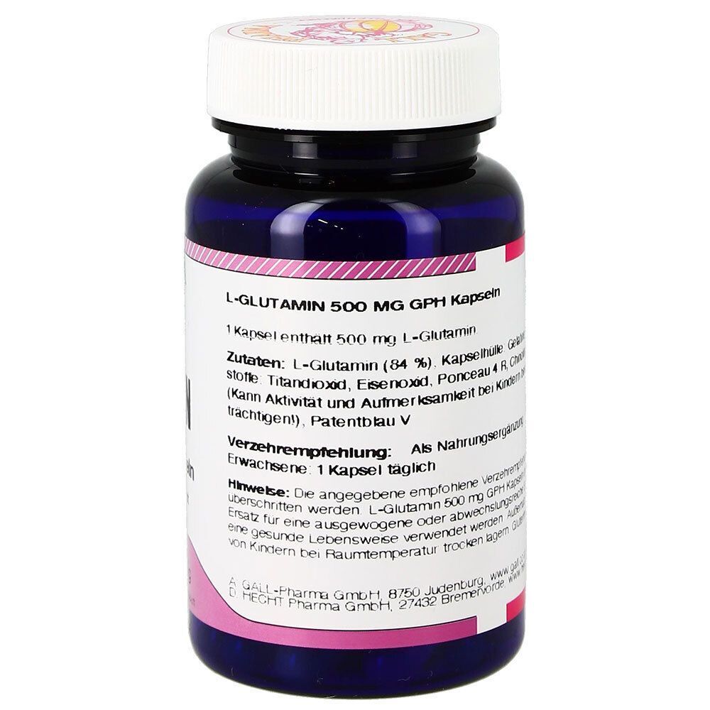 Rückseite einer Flasche GALL PHARMA L-Glutamin 500 mg GPH Kapseln mit detaillierten Produktinformationen.
