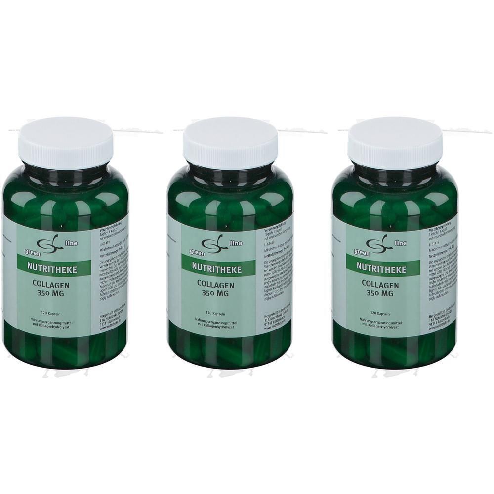Drei grüne Behälter mit NUTRITHEKE Kollagen 350 mg Kapseln.