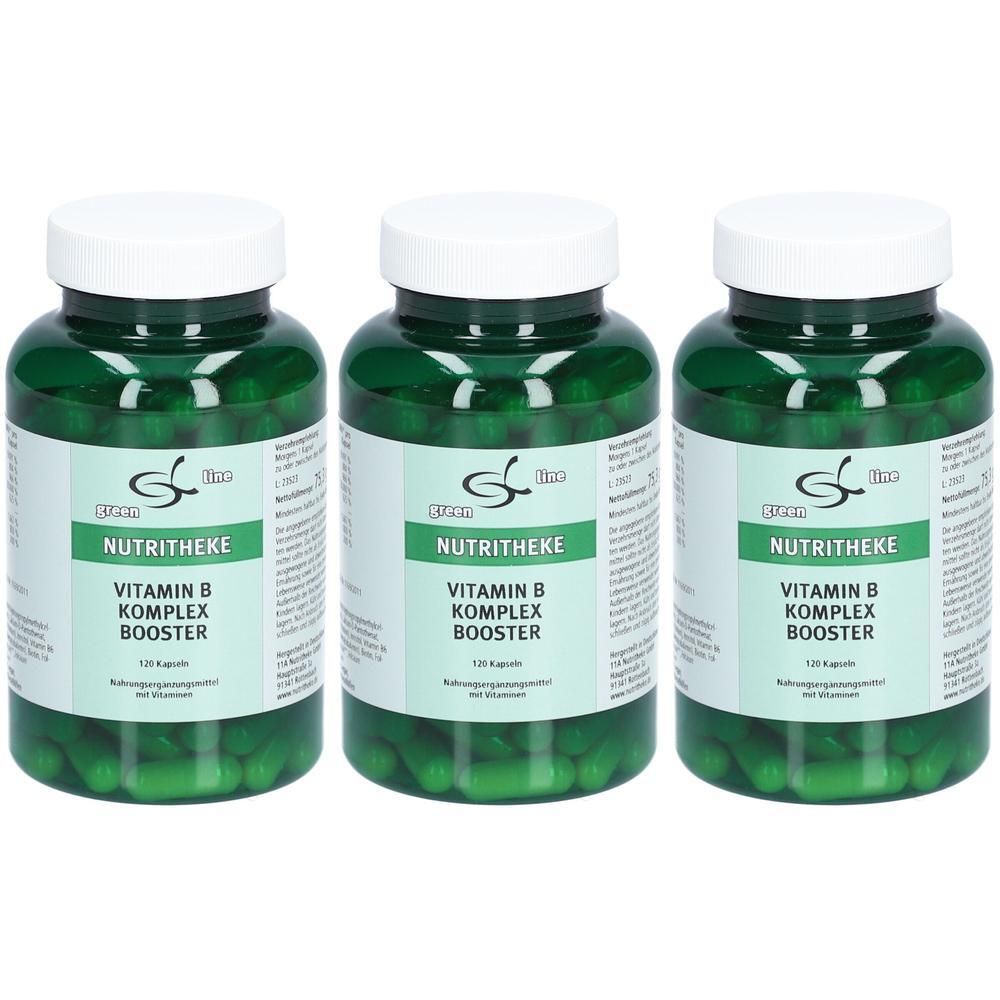 Drei grüne Behälter mit Kapseln, beschriftet mit 'Green Line Nutritheke Vitamin B Komplex Booster'.