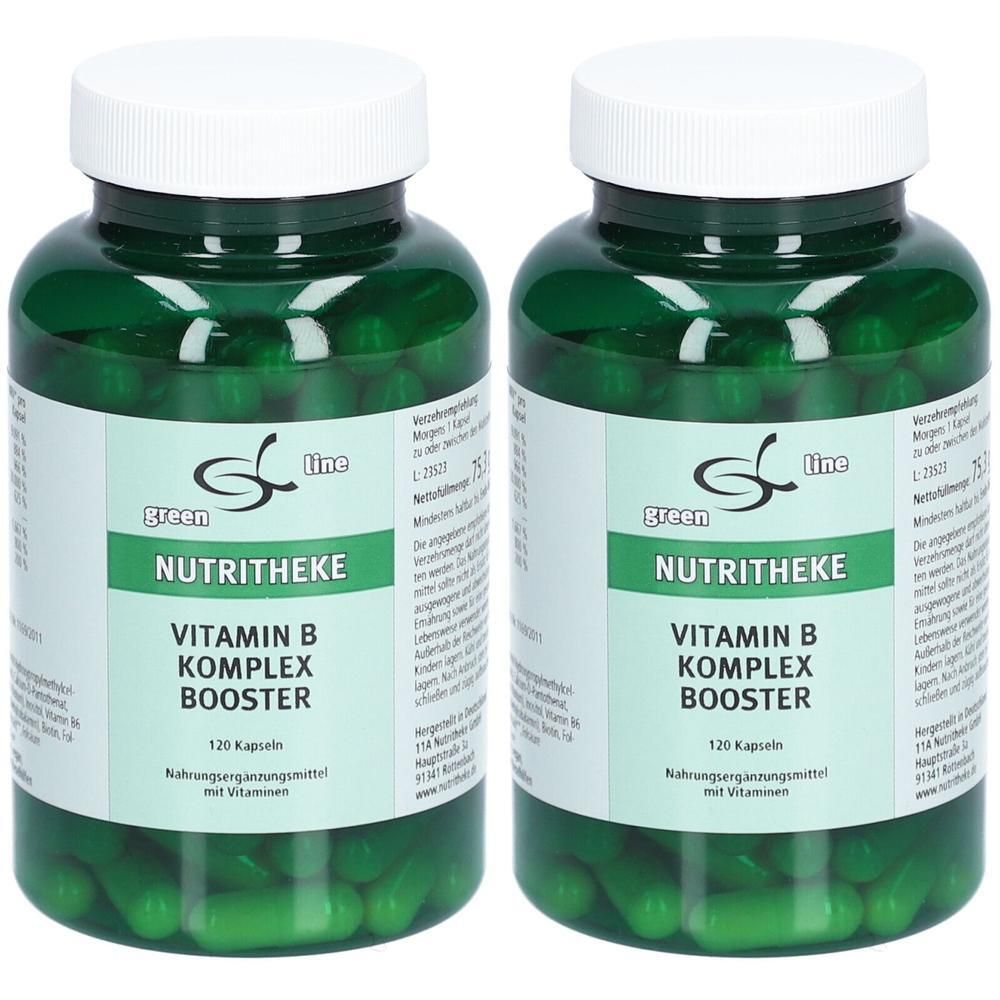 Zwei grüne Behälter mit Vitamin B Komplex Booster Kapseln. Jede Flasche enthält 120 Kapseln.