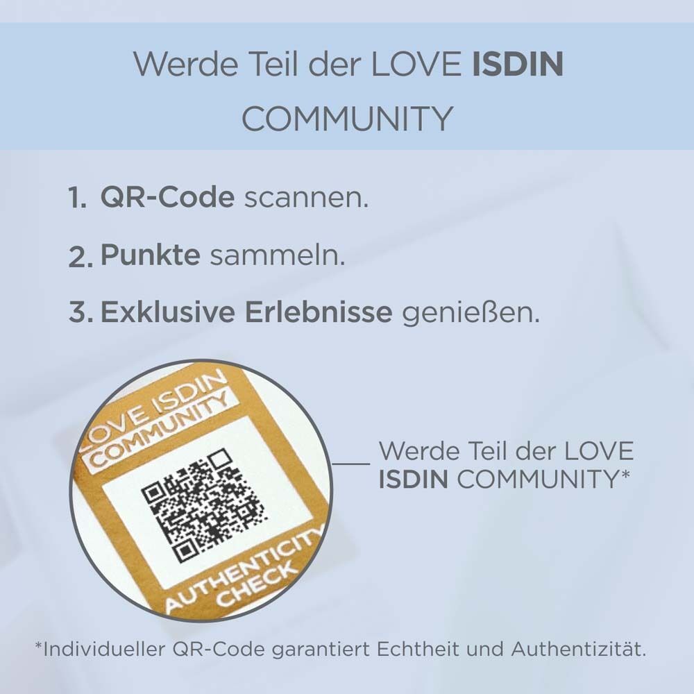 QR-Code und Text: Werde Teil der LOVE ISDIN COMMUNITY.