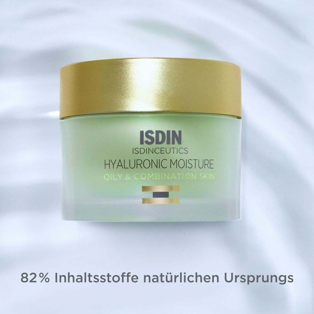 ISDINCEUTICS Hyaluronic Moisture Tiegel mit goldenem Deckel. Text: 82% Inhaltsstoffe natürlichen Ursprungs.