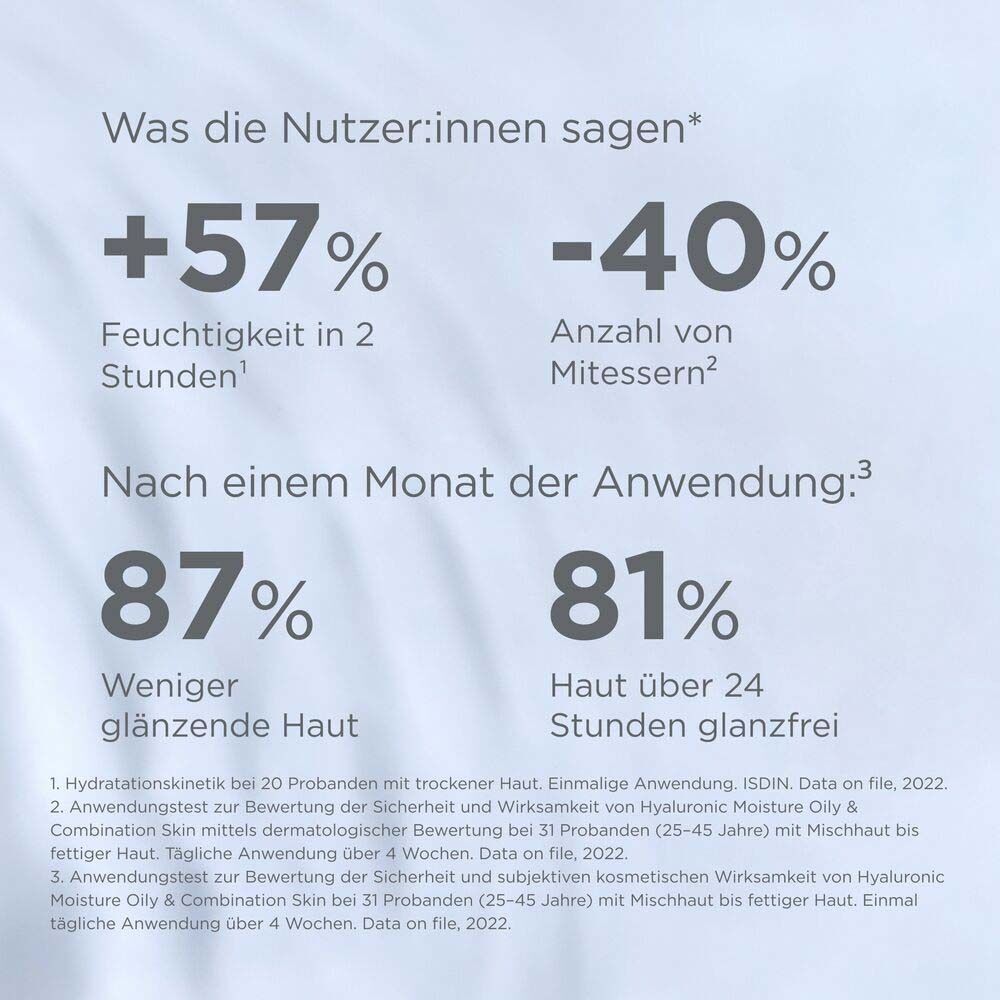 Grafik mit klinisch erwiesenen Ergebnissen: +57% Feuchtigkeit, -40% Mitesser, 87% weniger glänzende Haut, 81% Haut über 24 Stunden glanzfrei.