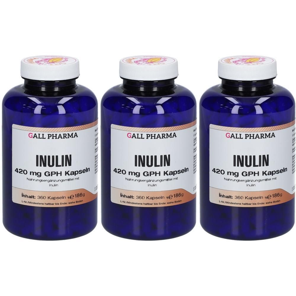 Drei blaue Flaschen Inulin-Kapseln von Gall Pharma, 420 mg GPH.
