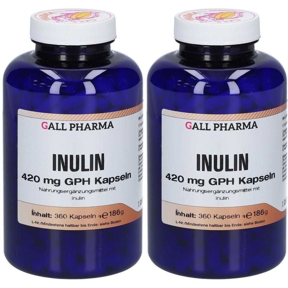 Zwei blaue Flaschen GALL PHARMA Inulin Kapseln, 420 mg GPH. Inhalt: 360 Kapseln.