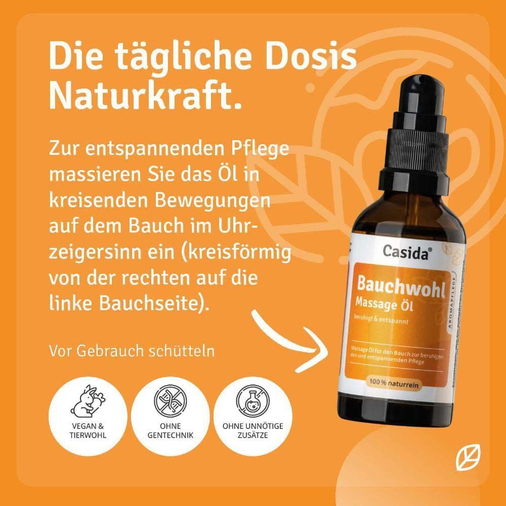 Casida Bauchwohl Massage Öl Flasche neben Text und Siegeln: Vegan, ohne Gentechnik, ohne Zusätze.
