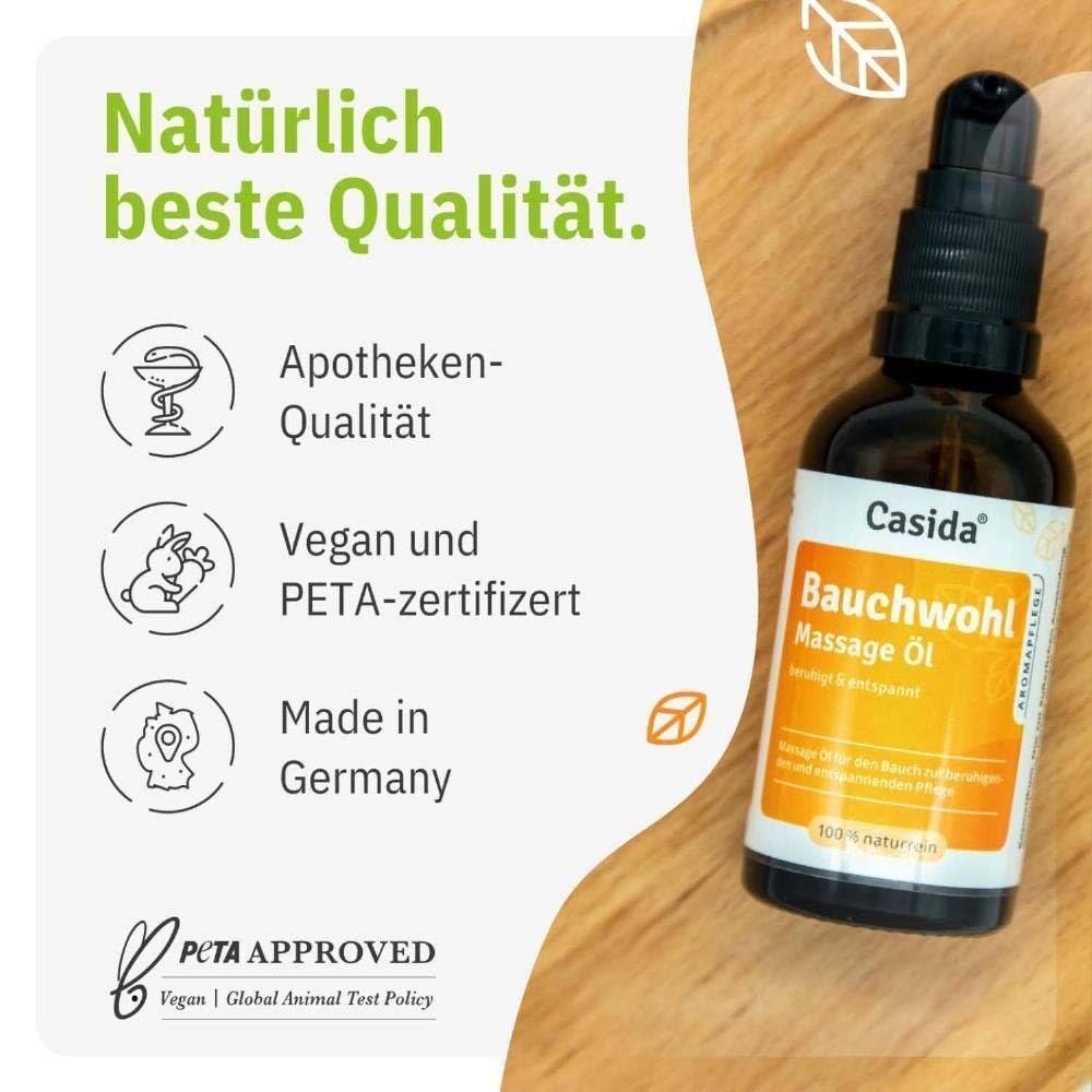 Casida Bauchwohl Massage Öl Flasche mit Siegeln: Apothekenqualität, Vegan, PETA-zertifiziert, Made in Germany.
