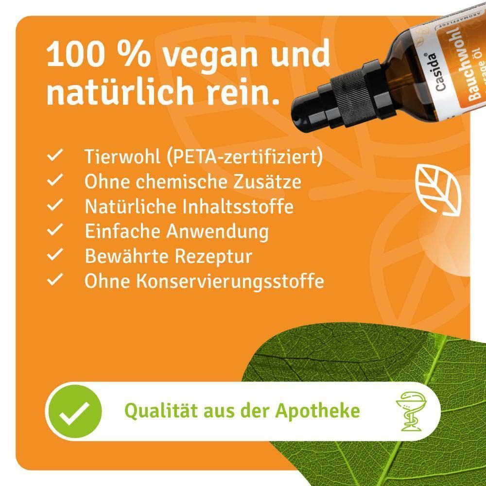 Casida Bauchwohl Massage Öl Flasche mit Vorteilen: 100% vegan, tierwohl-zertifiziert, ohne Konservierungsstoffe.