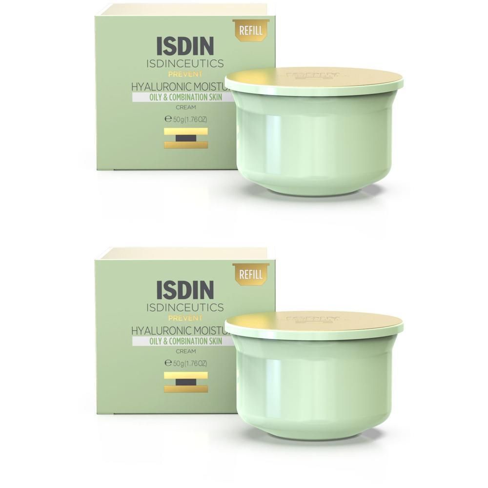 Zwei ISDINCEUTICS Hyaluronic Moisture Nachfüllpackungen für fettige Haut und Mischhaut, jeweils in einer grünen Dose mit goldenem Deckel, neben ihrer Verpackung.