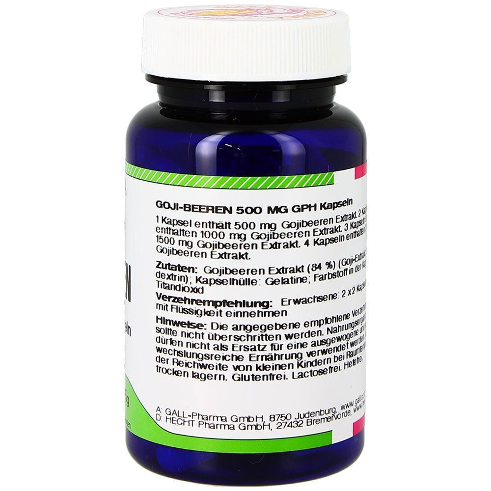 Rückseite einer Flasche GALL PHARMA Goji-Beeren Kapseln mit Nährwertangaben.