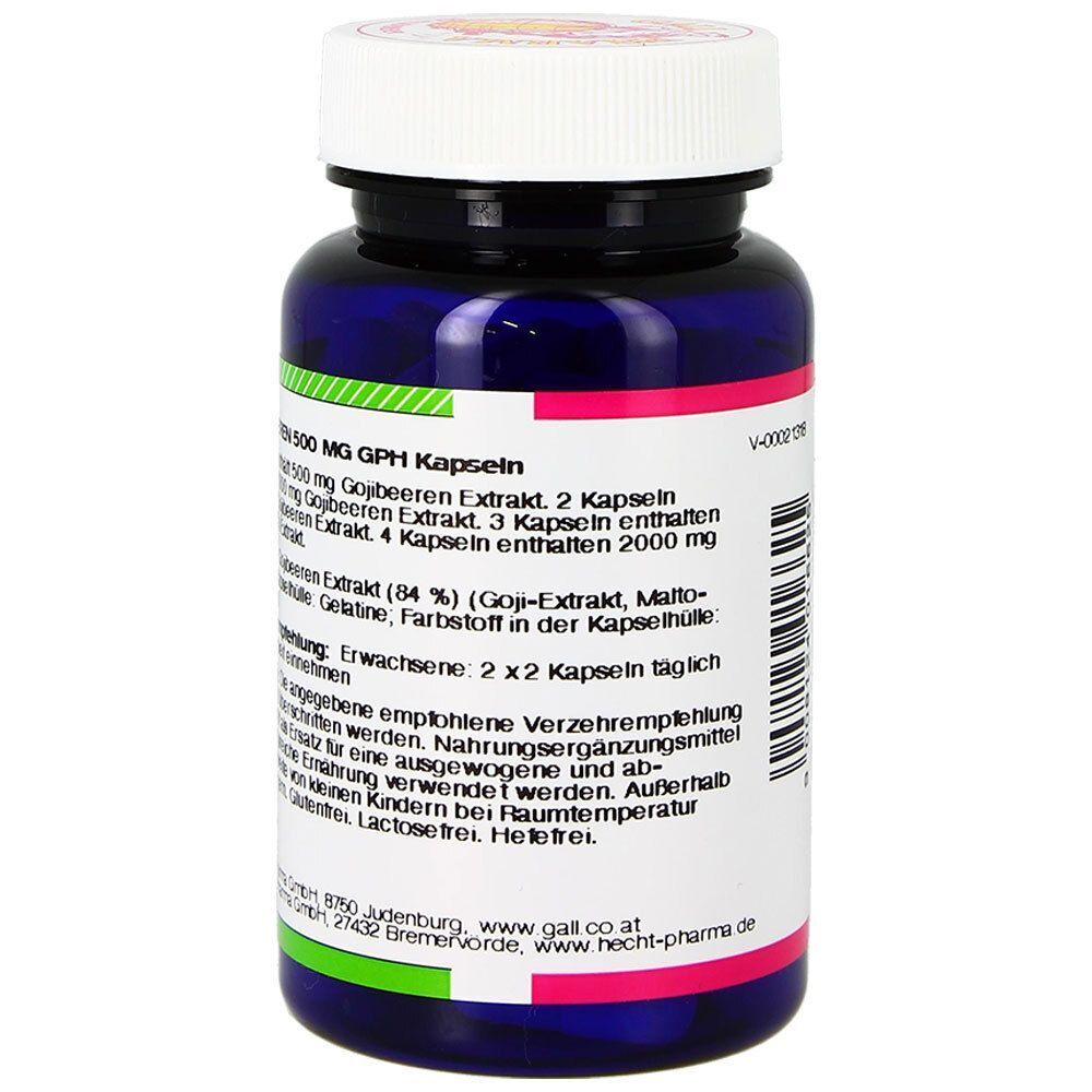 Rückseite einer Flasche GALL PHARMA Goji-Beeren Kapseln, 500 mg GPH.