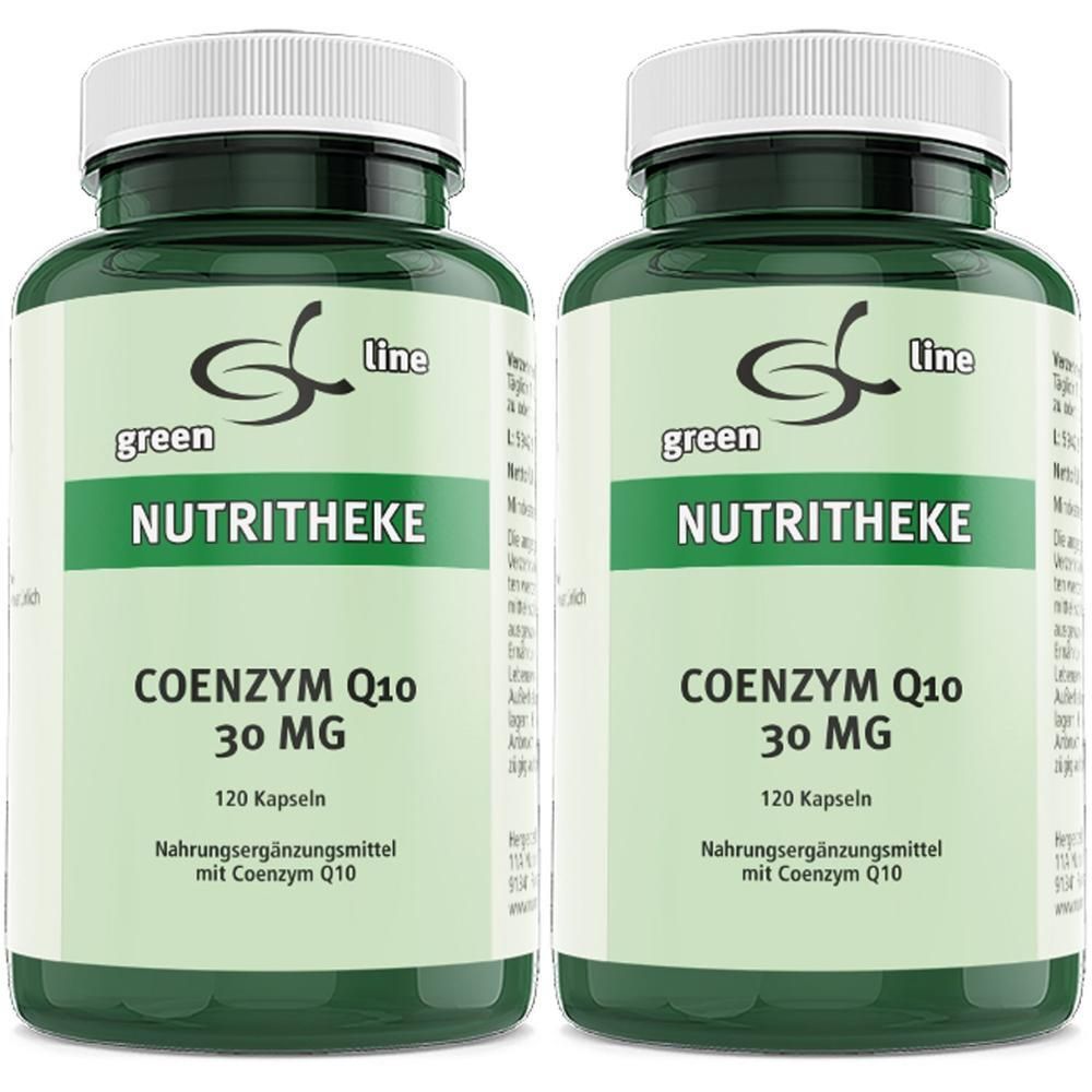 Zwei grüne Behälter mit Coenzym Q10 30 mg Kapseln. Beschriftung: green line NUTRITHEKE.