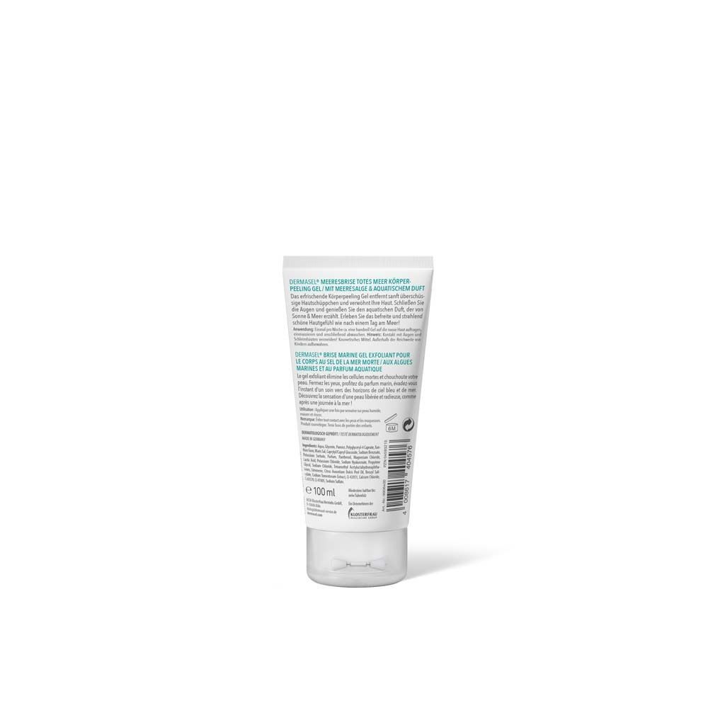 Rückseite einer Tube DERMASEL® Meeresbrise Körperpeeling Gel mit Produktinformationen und 150ml Angabe.