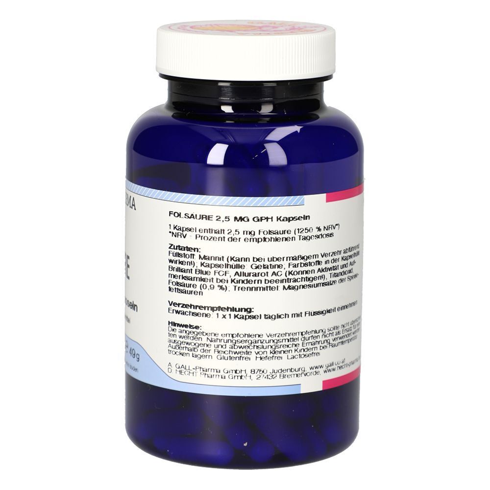 Eine blaue Flasche Folsäure 2,5 mg GPH Kapseln mit detaillierter Nährwertangabe.