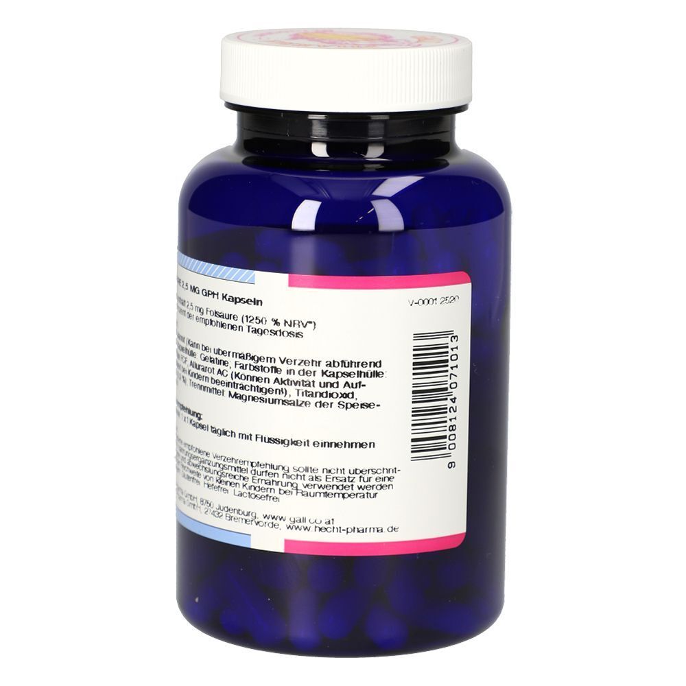 Rückseite einer blauen Flasche Folsäure 2,5 mg GPH Kapseln mit Barcode und Anwendungshinweisen.
