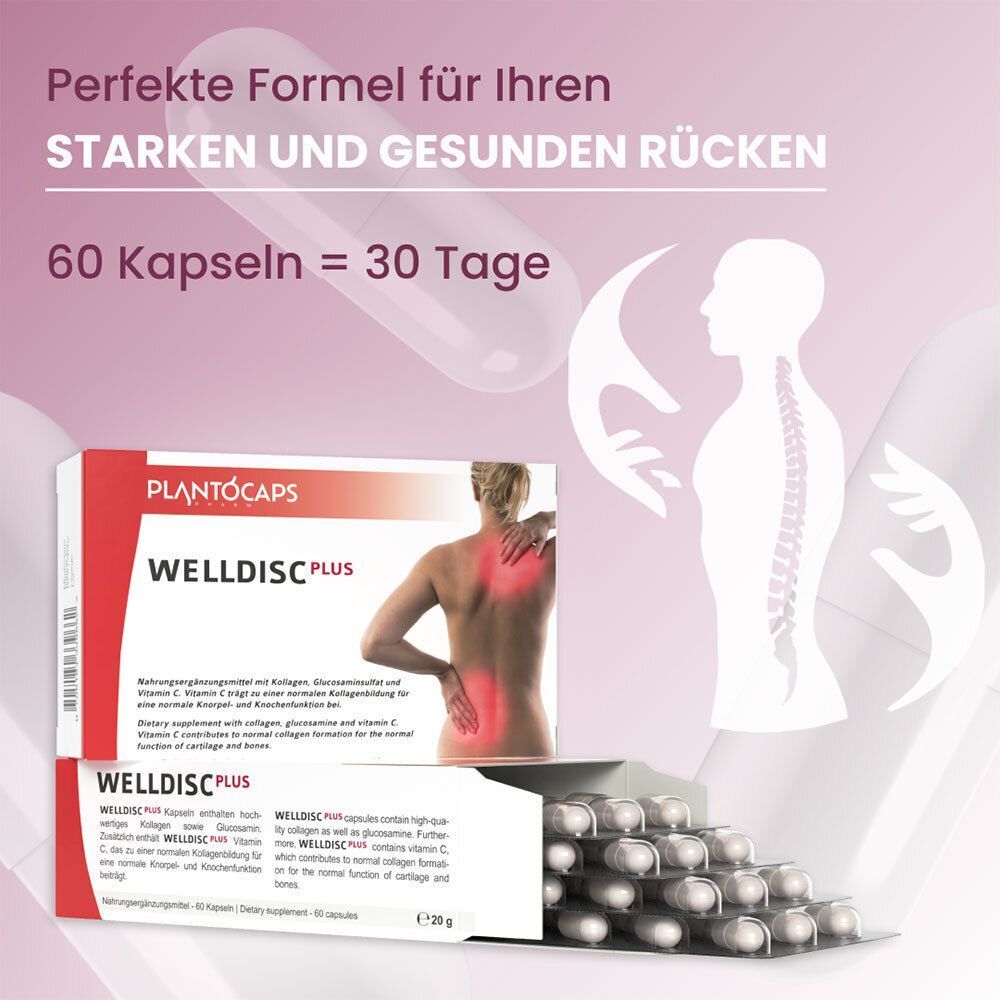 WELLDISC® PLUS Packung und Blisterpackung mit Kapseln.