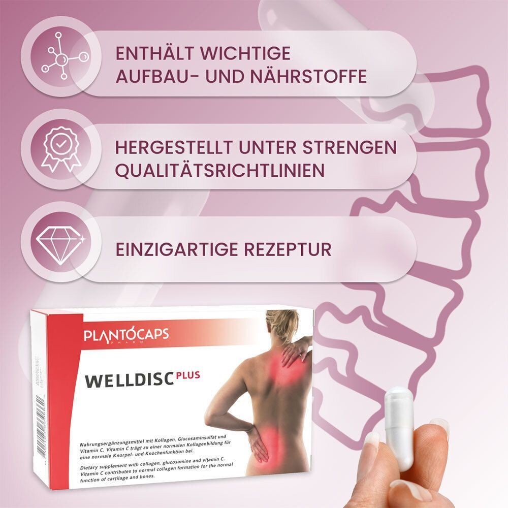 Packung plantoCAPS® WELLDISC® PLUS, Hand hält Kapsel, Rückenabbildung.
