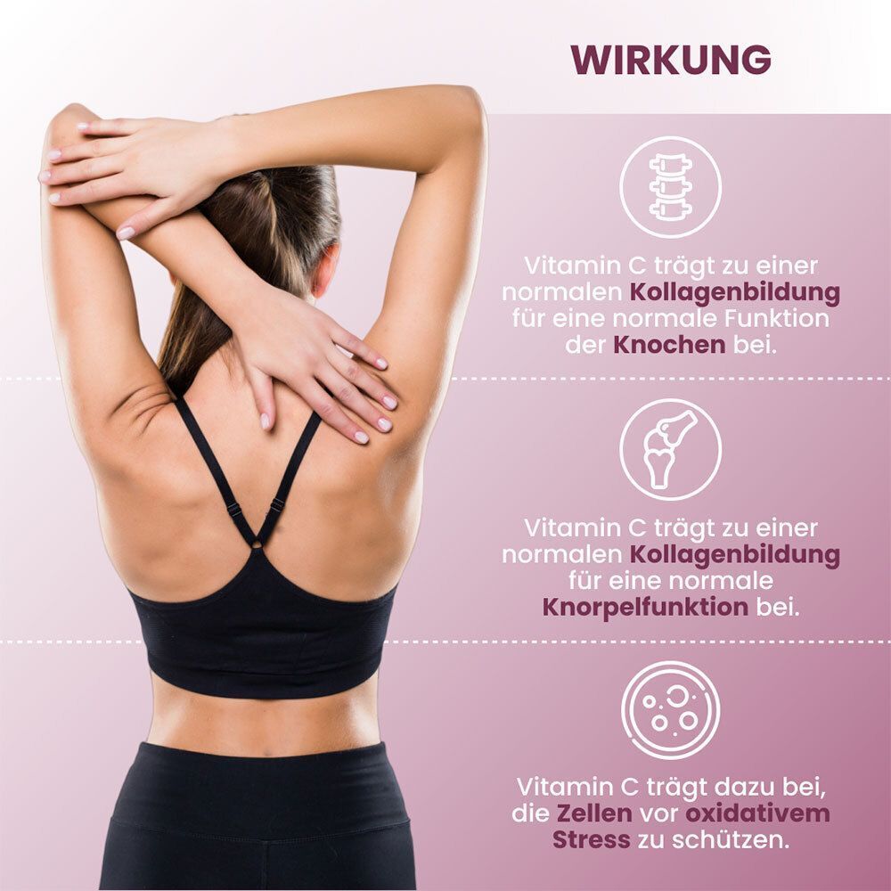 Frau mit Händen am Rücken, Text über Vitamin C und Kollagenbildung.