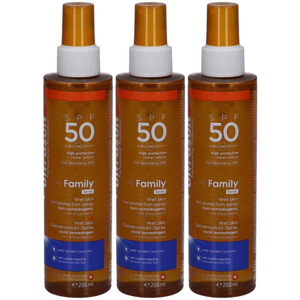 Drei Flaschen Sonnenschutz-Spray SPF 50, Family, Wet Skin, 200ml.