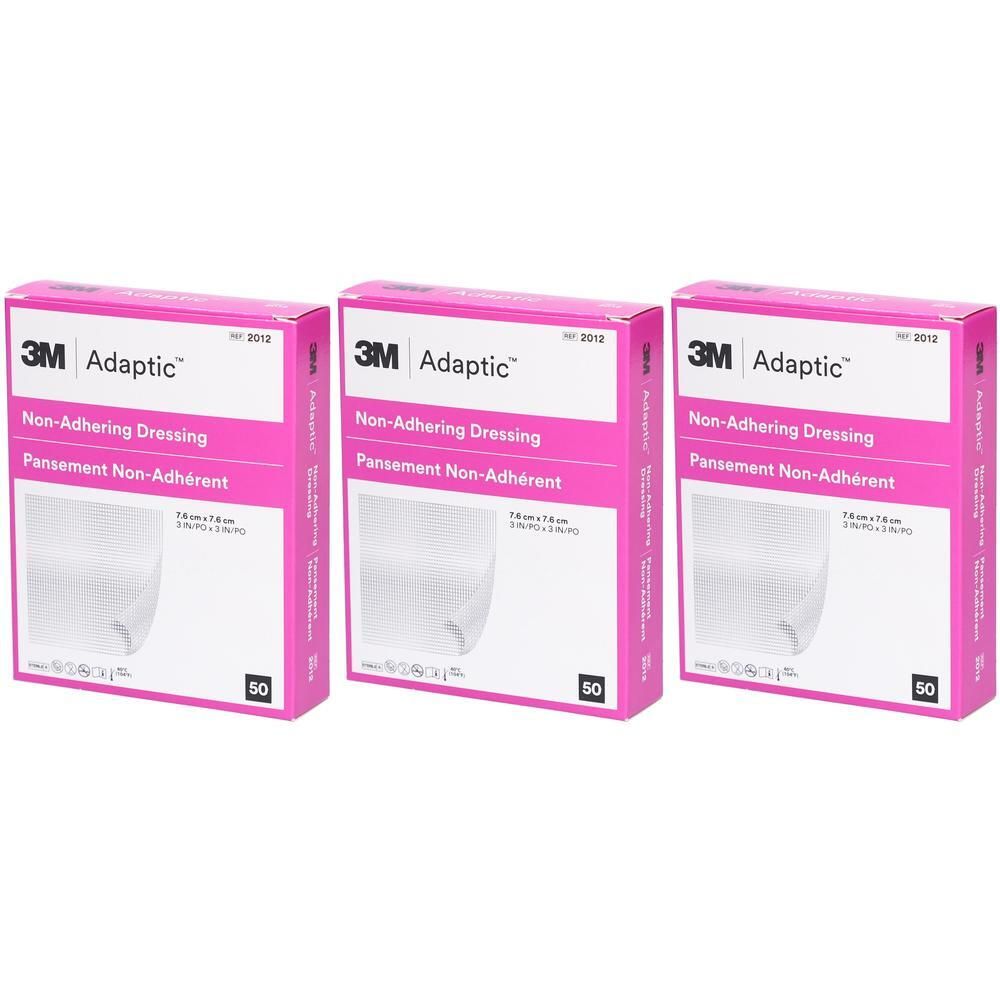 Drei Packungen 3M Adaptic Non-Adhering Dressing, 7.6cm x 7.6cm.