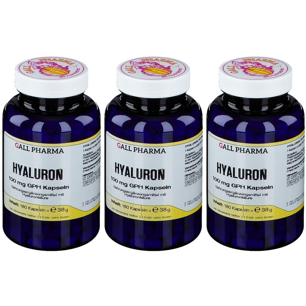 Drei Flaschen GALL PHARMA Hyaluron 100 mg GPH Kapseln mit weißem Deckel und Etikett.